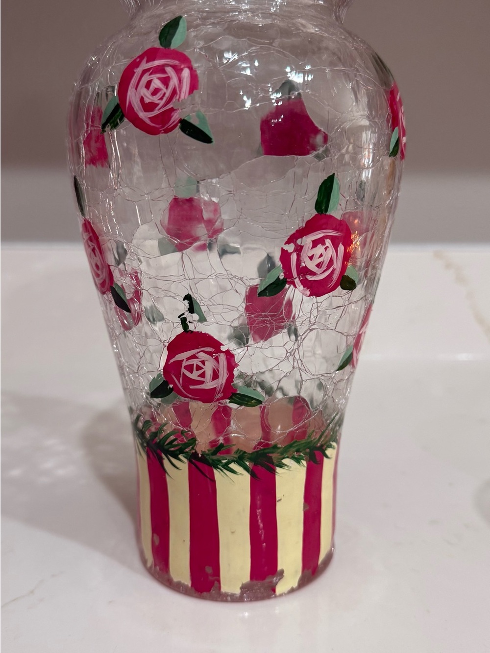 Hand-Painted Pink Rose Crackle Glass Decorative Vase